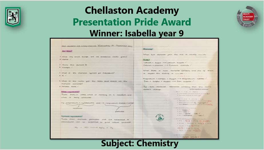 Chellaston Academy Weekly Presentation Pride Award